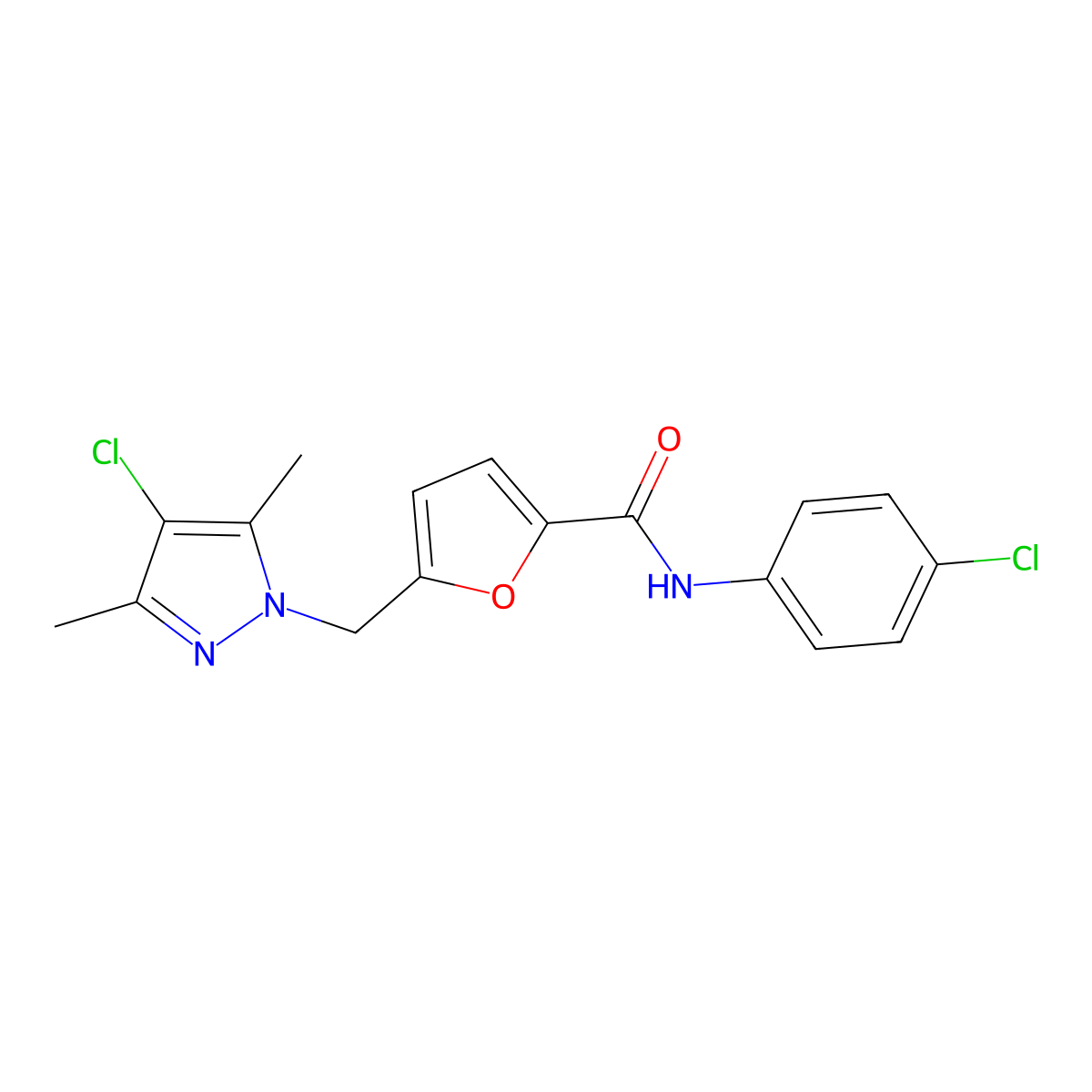5-[(4-chloro-3,5-dimethylpyrazol-1-yl)methyl]-N-(4-chlorophenyl)furan-2-carboxamide molecular structure, CAS 514856-17-8