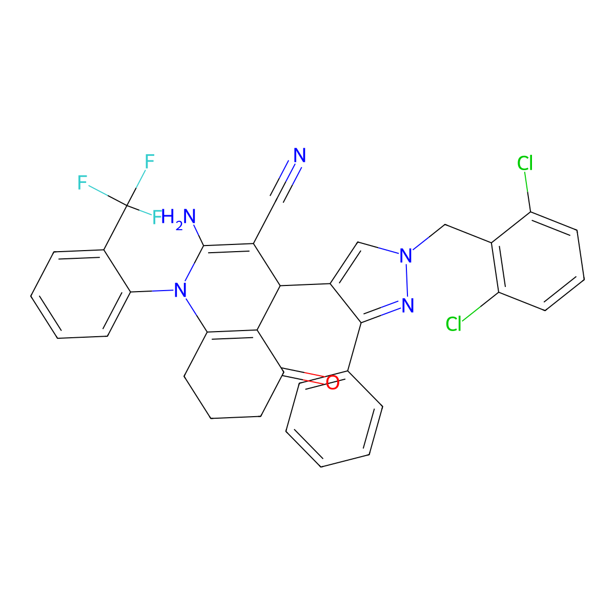 2-Amino-4-[1-[(2,6-dichlorophenyl)methyl]-3-phenylpyrazol-4-yl]-5-oxo-1-[2-(trifluoromethyl)phenyl]-4,6,7,8-tetrahydroquinoline-3-carbonitrile molecular structure, CAS 514856-20-3