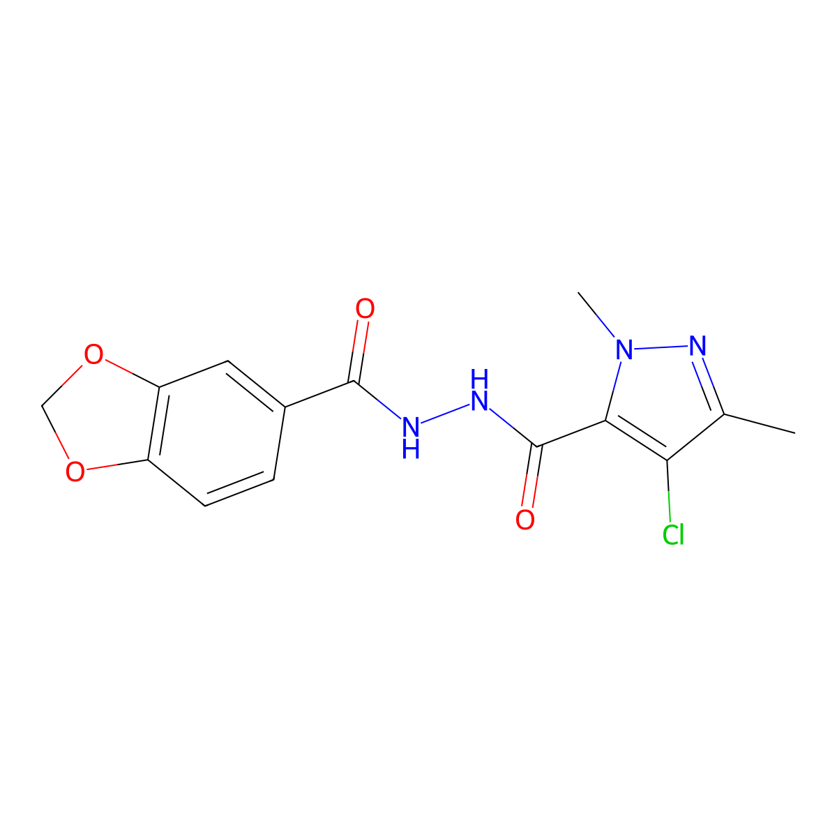 N'-(1,3-benzodioxole-5-carbonyl)-4-chloro-2,5-dimethylpyrazole-3-carbohydrazide molecular structure, CAS 514856-29-2