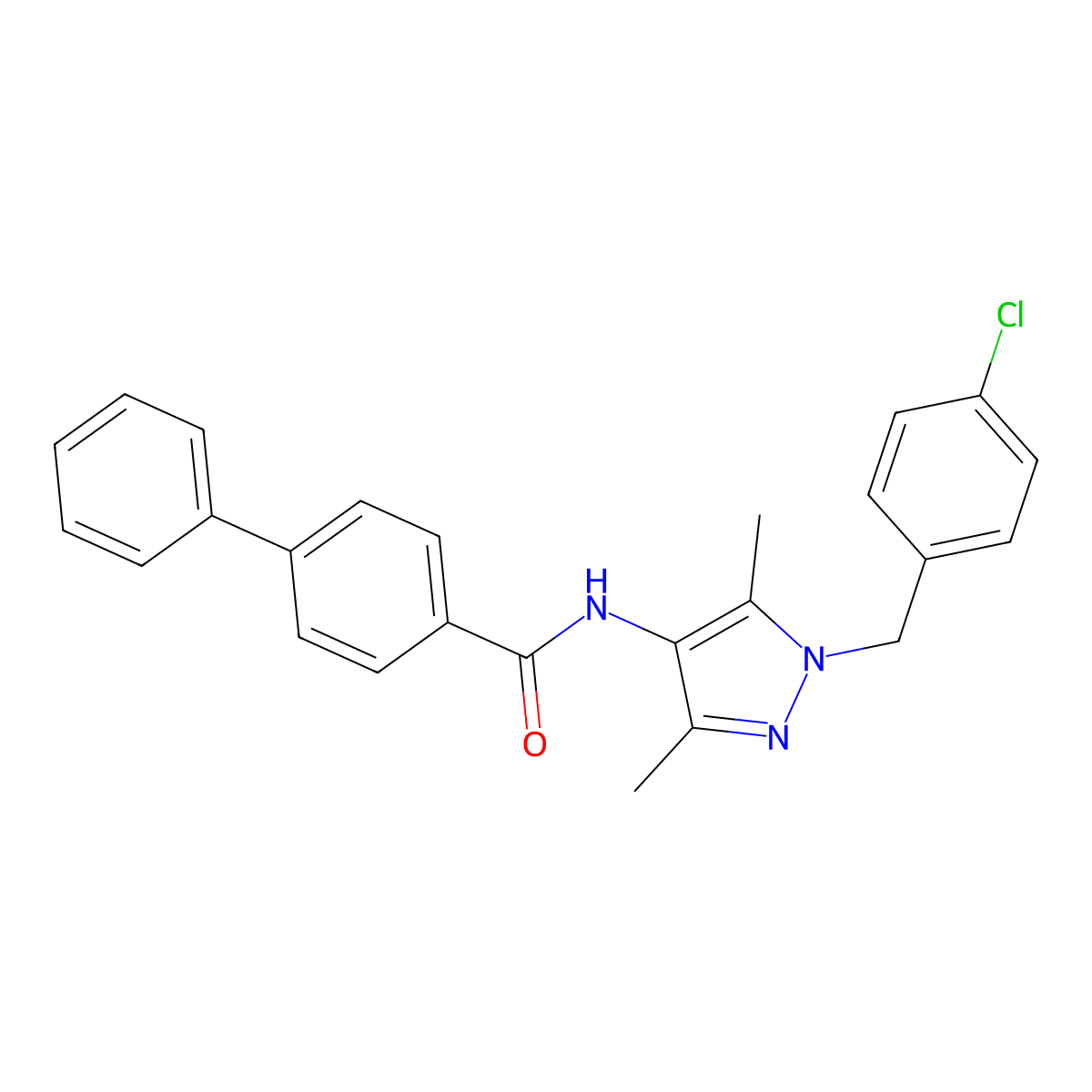 N-[1-[(4-chlorophenyl)methyl]-3,5-dimethylpyrazol-4-yl]-4-phenylbenzamide molecular structure, CAS 514856-41-8