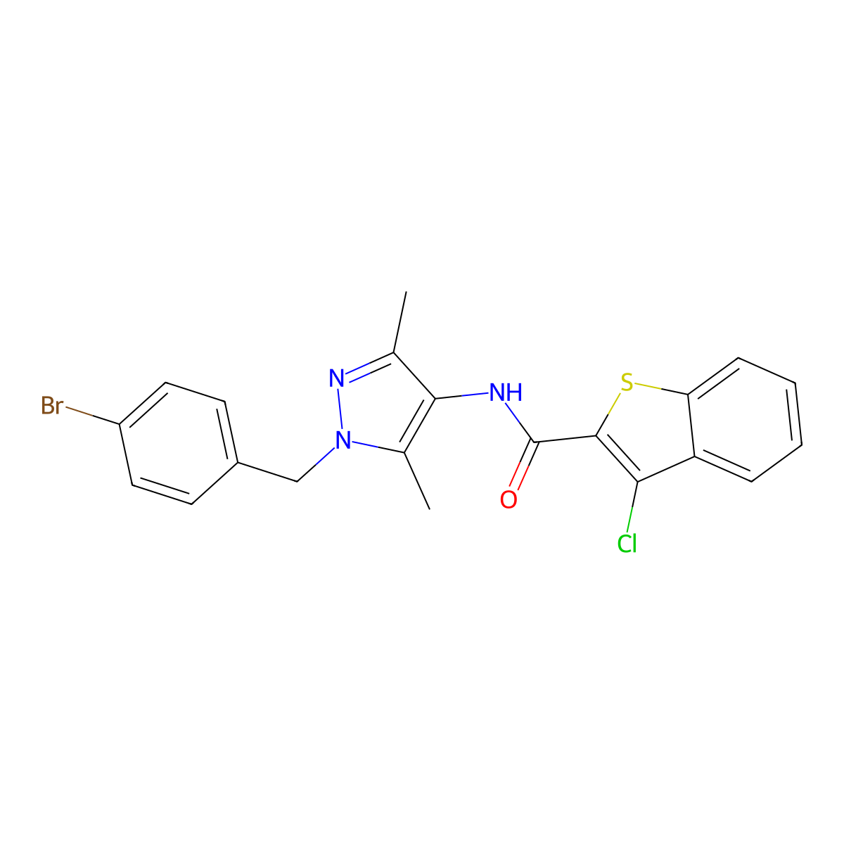 N-[1-[(4-bromophenyl)methyl]-3,5-dimethylpyrazol-4-yl]-3-chloro-1-benzothiophene-2-carboxamide molecular structure, CAS 514856-62-3