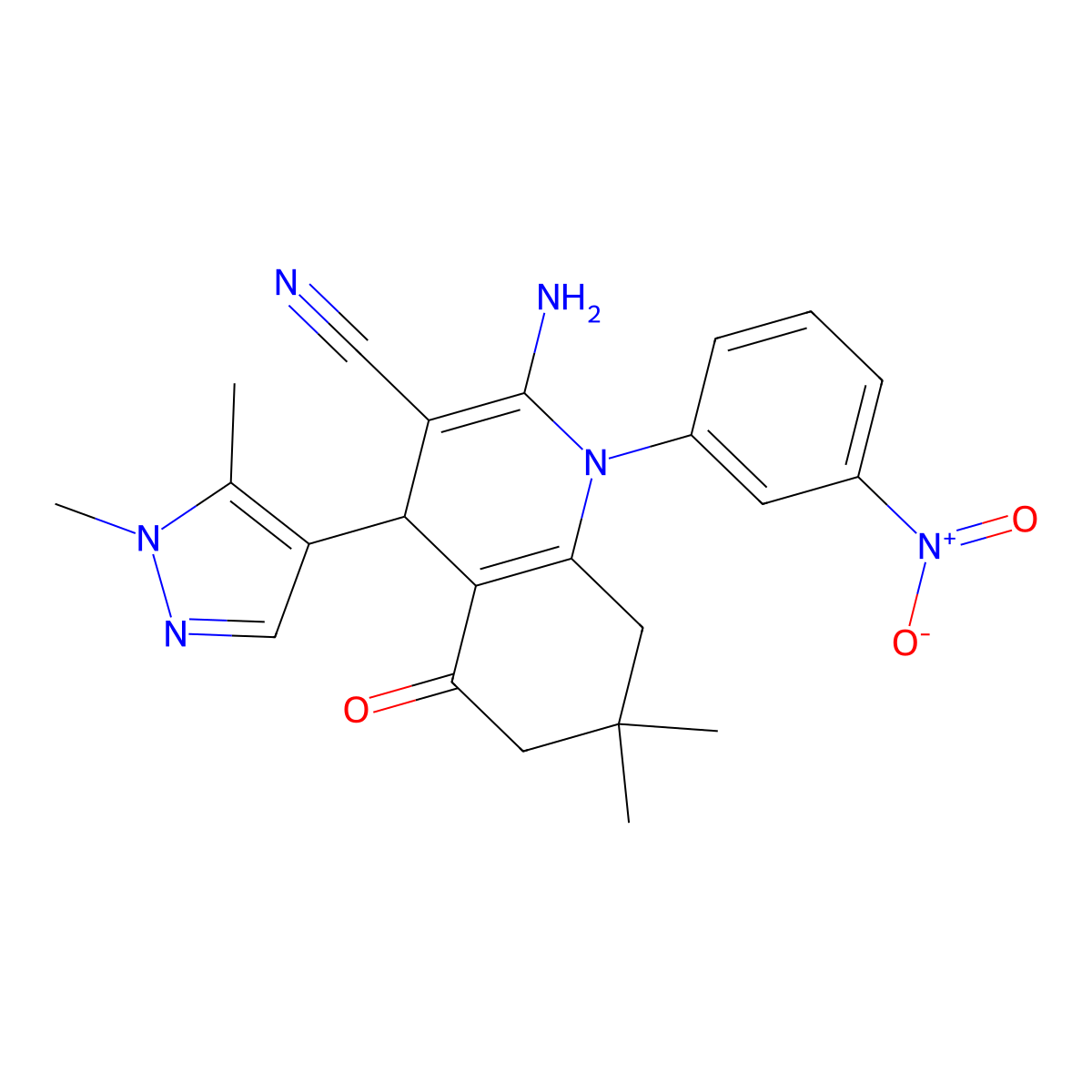 2-amino-4-(1,5-dimethylpyrazol-4-yl)-7,7-dimethyl-1-(3-nitrophenyl)-5-oxo-6,8-dihydro-4H-quinoline-3-carbonitrile molecular structure, CAS 514857-04-6