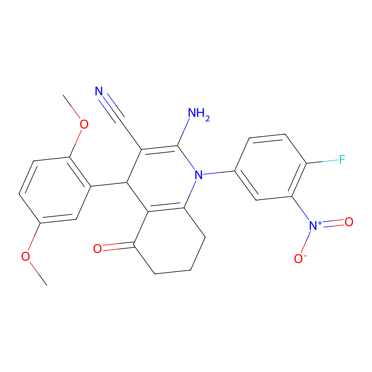 2-Amino-4-(2,5-dimethoxyphenyl)-1-(4-fluoro-3-nitrophenyl)-5-oxo-4,6,7,8-tetrahydroquinoline-3-carbonitrile molecular structure, CAS 514857-12-6