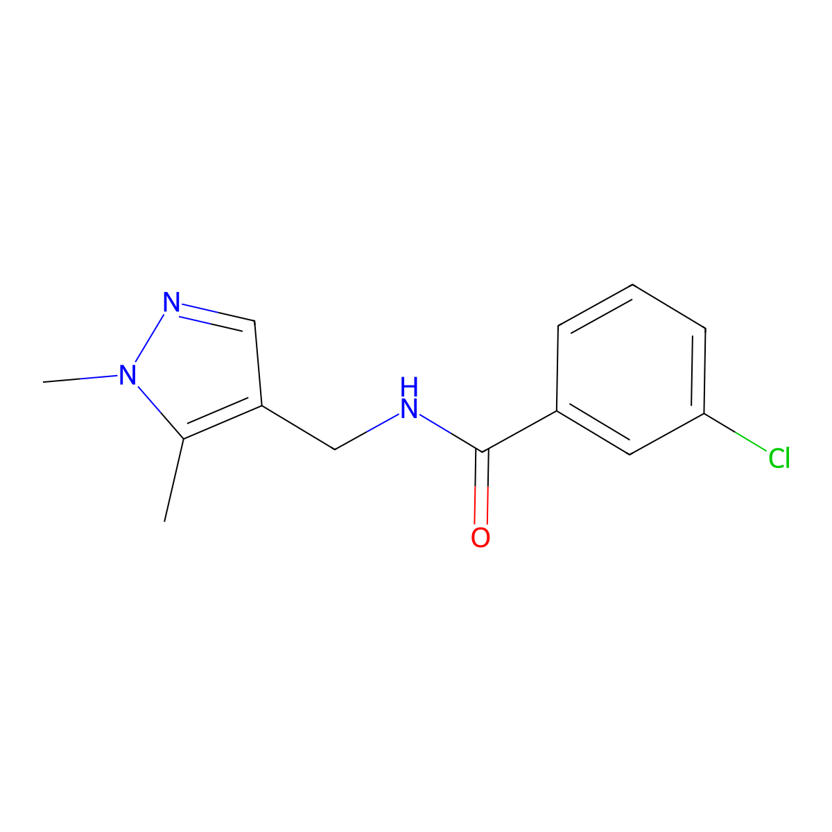 3-chloro-N-[(1,5-dimethylpyrazol-4-yl)methyl]benzamide molecular structure, CAS 515119-95-6