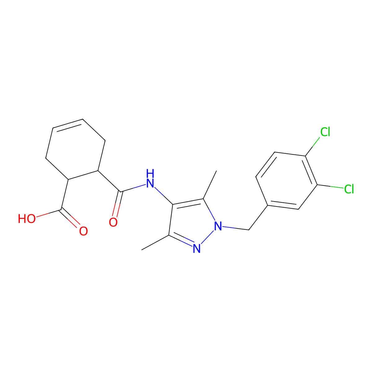 6-{[1-(3,4-dichlorobenzyl)-3,5-dimethyl-1H-pyrazol-4-yl]carbamoyl}cyclohex-3-ene-1-carboxylic acid molecular structure, CAS 515120-65-7