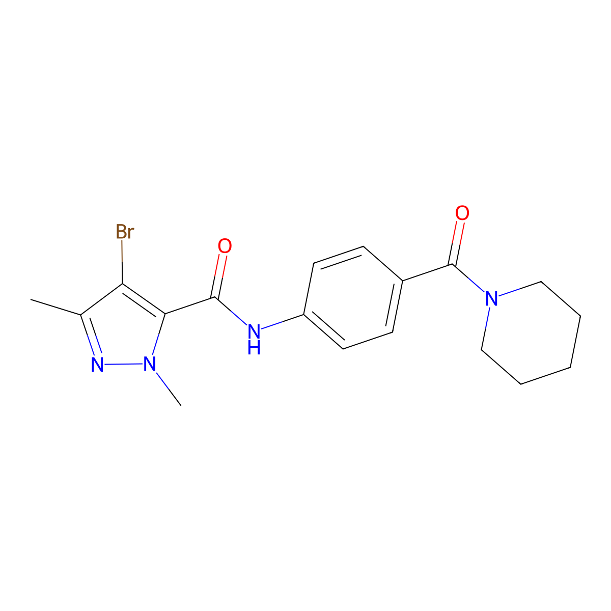 4-bromo-2,5-dimethyl-N-[4-(piperidine-1-carbonyl)phenyl]pyrazole-3-carboxamide molecular structure, CAS 515120-76-0