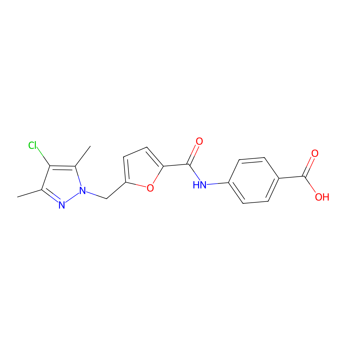 4-[({5-[(4-chloro-3,5-dimethyl-1H-pyrazol-1-yl)methyl]furan-2-yl}carbonyl)amino]benzoic acid molecular structure, CAS 515120-84-0