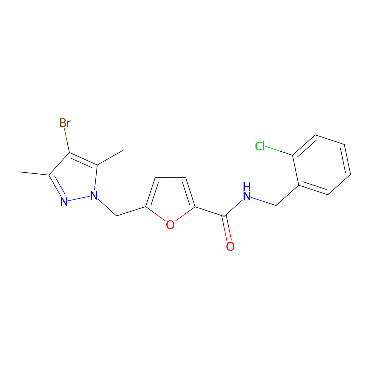 5-[(4-bromo-3,5-dimethylpyrazol-1-yl)methyl]-N-[(2-chlorophenyl)methyl]furan-2-carboxamide molecular structure, CAS 515120-85-1