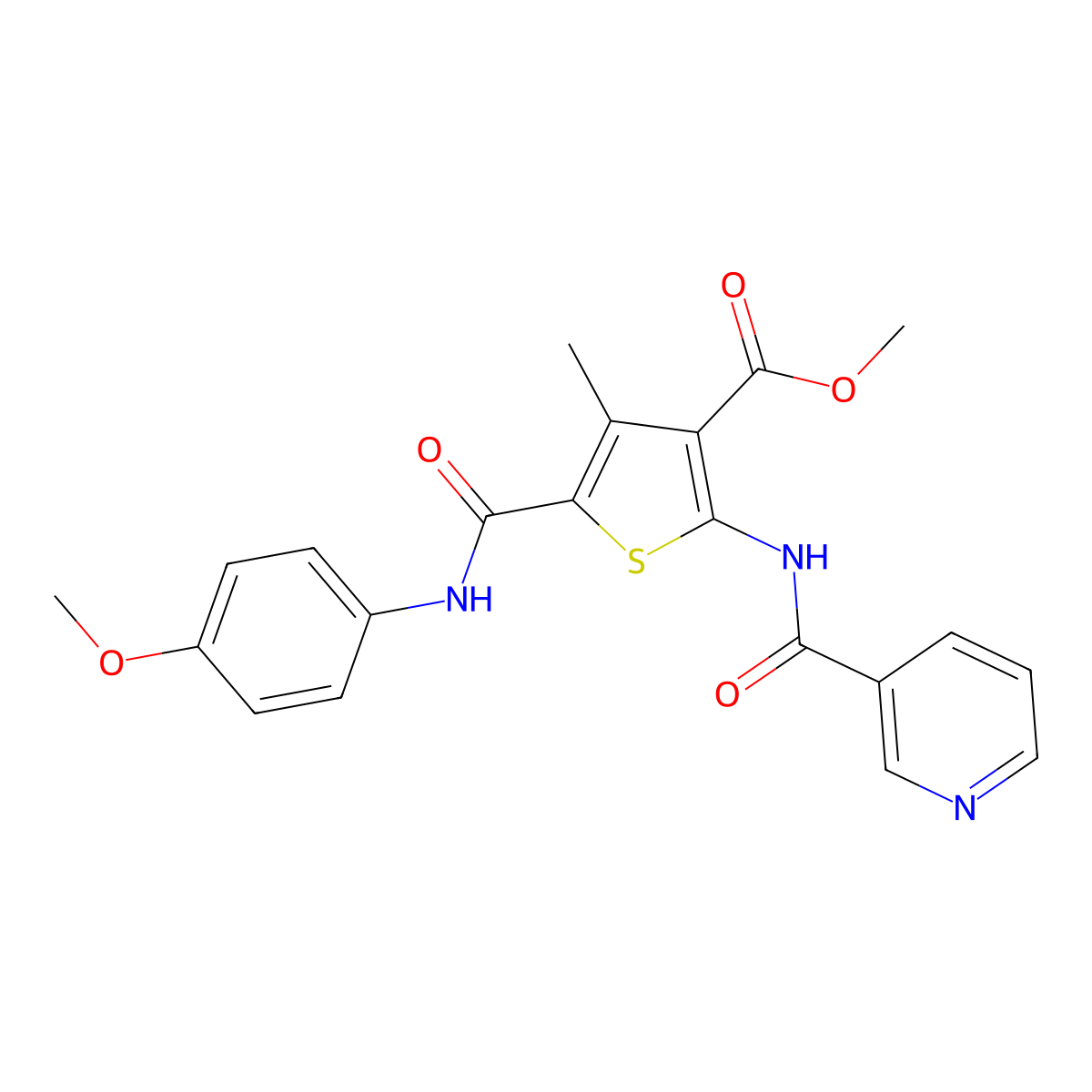 Methyl 5-[(4-methoxyphenyl)carbamoyl]-4-methyl-2-(pyridine-3-carbonylamino)thiophene-3-carboxylate molecular structure, CAS 515120-92-0