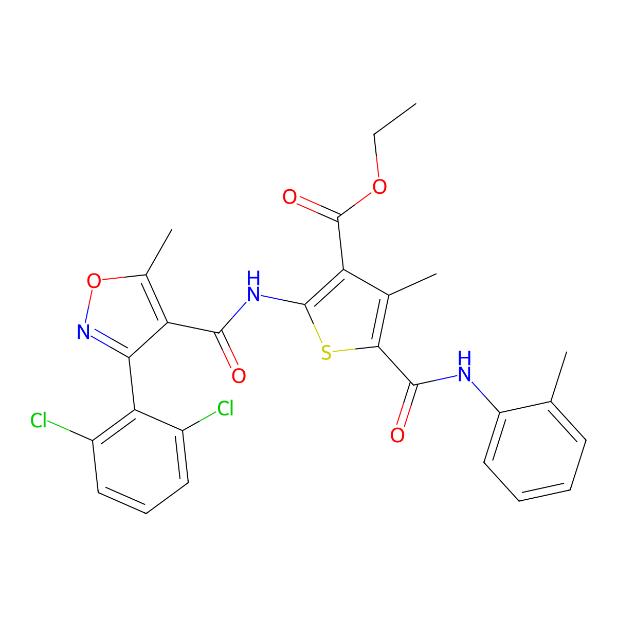 Ethyl 2-({[3-(2,6-dichlorophenyl)-5-methyl-4-isoxazolyl]carbonyl}amino)-4-methyl-5-(2-toluidinocarbonyl)-3-thiophenecarboxylate molecular structure, CAS 515121-02-5