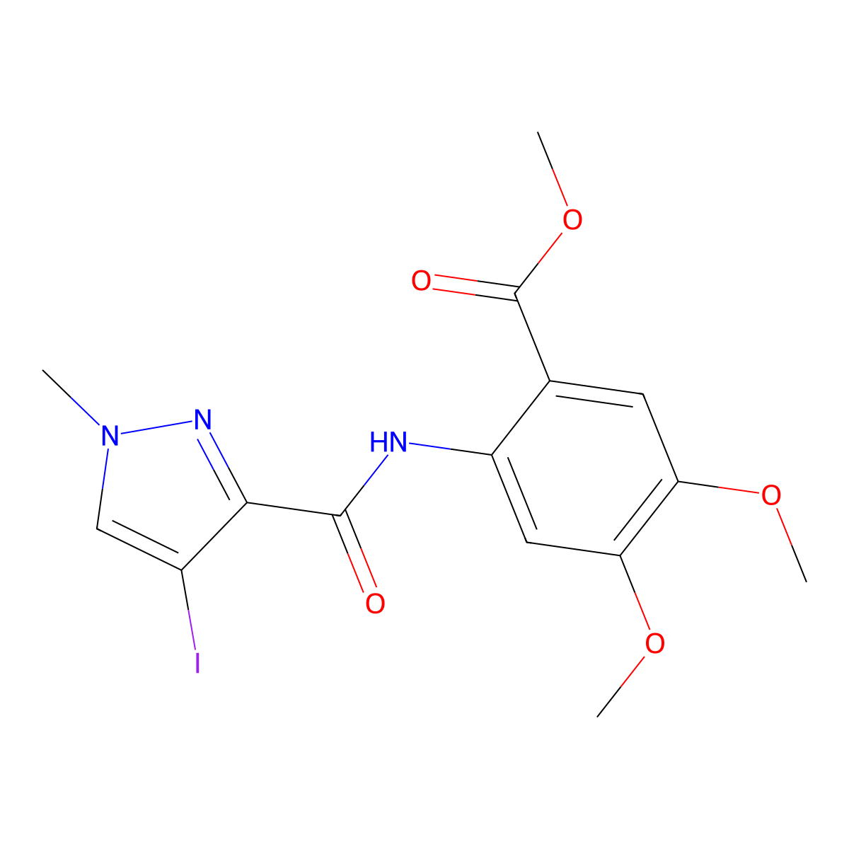 methyl 2-{[(4-iodo-1-methyl-1H-pyrazol-3-yl)carbonyl]amino}-4,5-dimethoxybenzoate molecular structure, CAS 515121-05-8