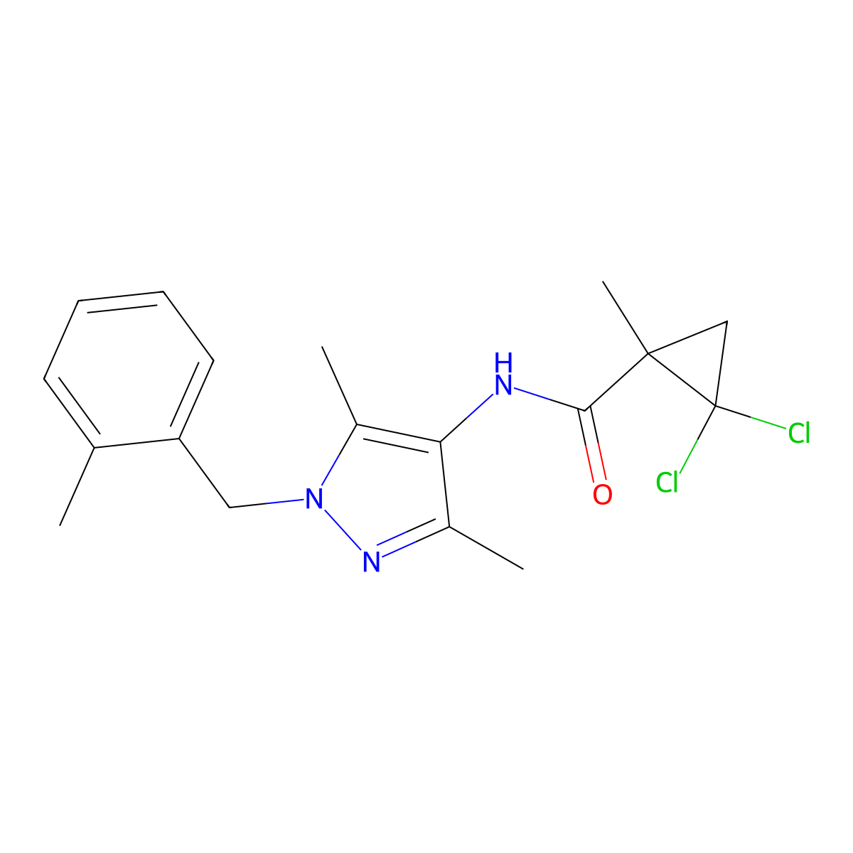 2,2-dichloro-N-[3,5-dimethyl-1-(2-methylbenzyl)-1H-pyrazol-4-yl]-1-methylcyclopropanecarboxamide molecular structure, CAS 515121-37-6
