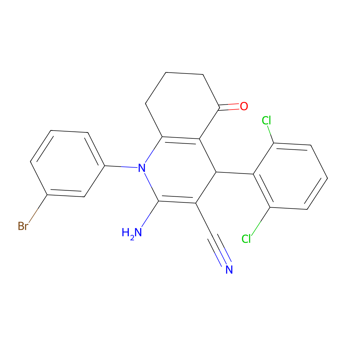 2-Amino-1-(3-bromophenyl)-4-(2,6-dichlorophenyl)-5-oxo-4,6,7,8-tetrahydroquinoline-3-carbonitrile molecular structure, CAS 515121-50-3
