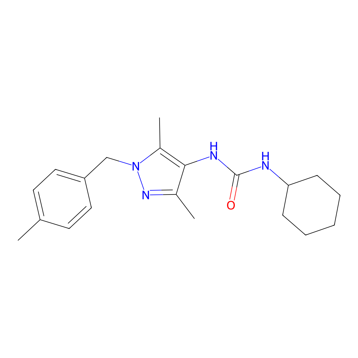 1-Cyclohexyl-3-[3,5-dimethyl-1-[(4-methylphenyl)methyl]pyrazol-4-yl]urea molecular structure, CAS 515121-85-4