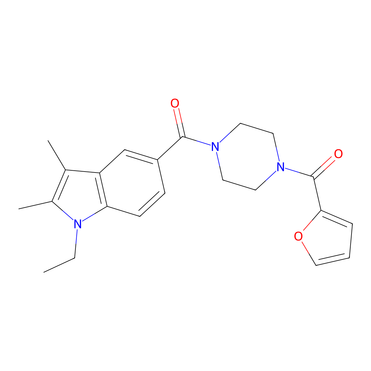 (1-Ethyl-2,3-dimethylindol-5-yl)-[4-(furan-2-carbonyl)piperazin-1-yl]methanone molecular structure, CAS 515122-27-7