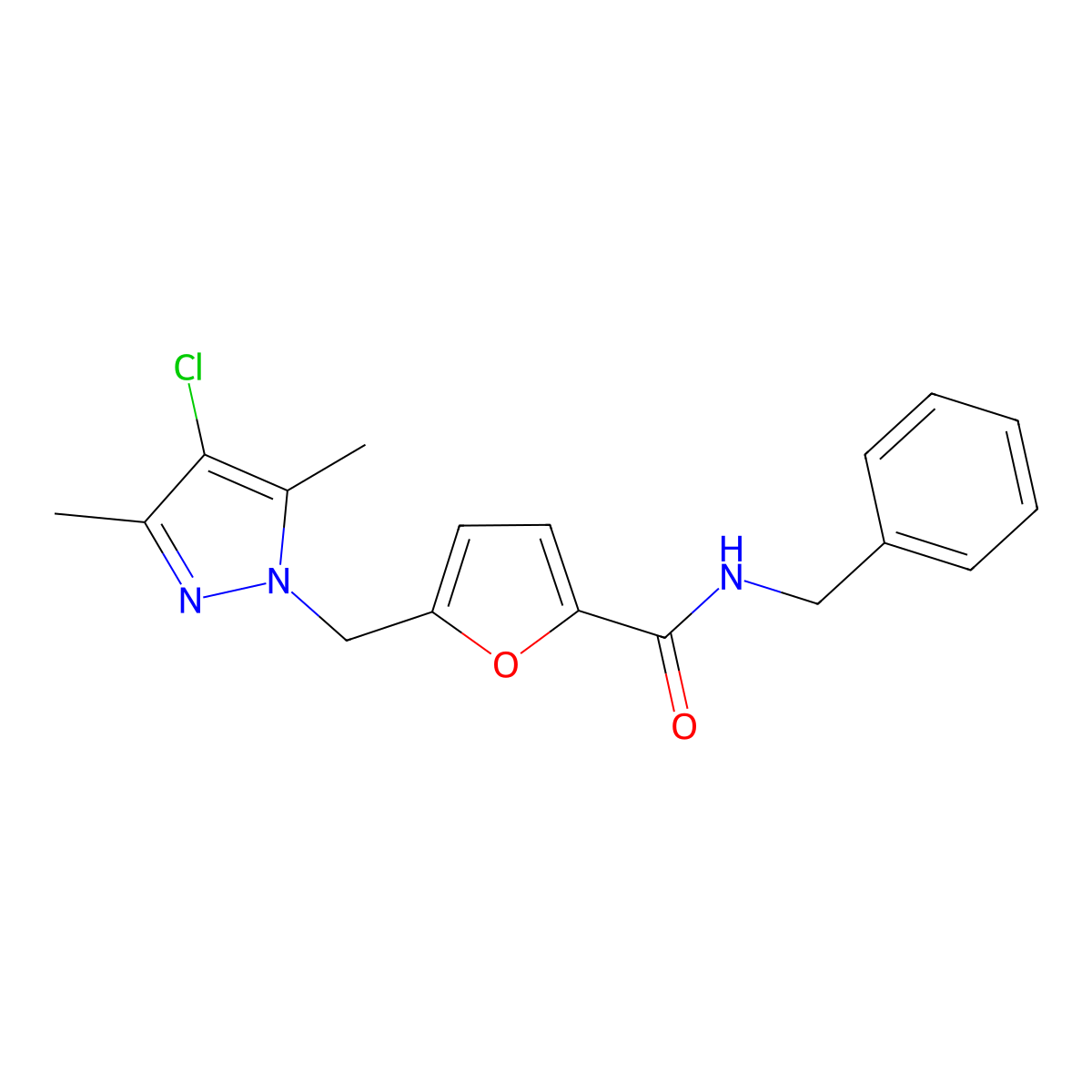 N-benzyl-5-[(4-chloro-3,5-dimethylpyrazol-1-yl)methyl]furan-2-carboxamide molecular structure, CAS 515122-56-2