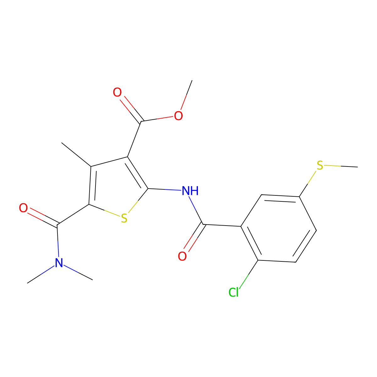 Methyl 2-({[2-chloro-5-(methylsulfanyl)phenyl]carbonyl}amino)-5-(dimethylcarbamoyl)-4-methylthiophene-3-carboxylate molecular structure, CAS 515122-88-0