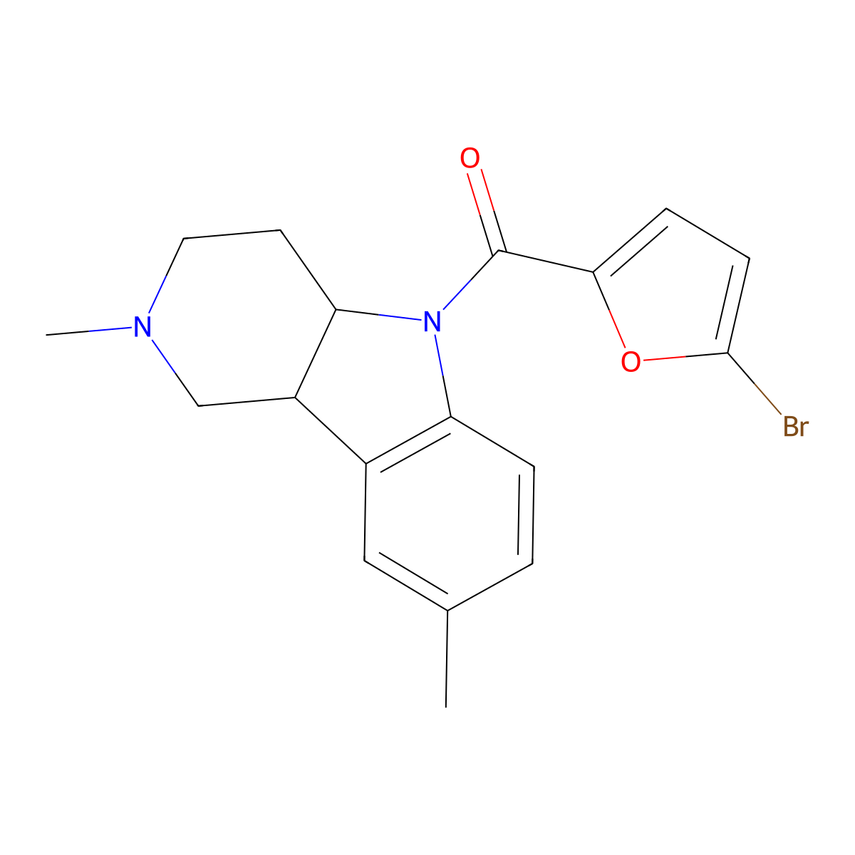 (5-bromofuran-2-yl)-(2,8-dimethyl-3,4,4a,9b-tetrahydro-1H-pyrido[4,3-b]indol-5-yl)methanone molecular structure, CAS 515122-91-5