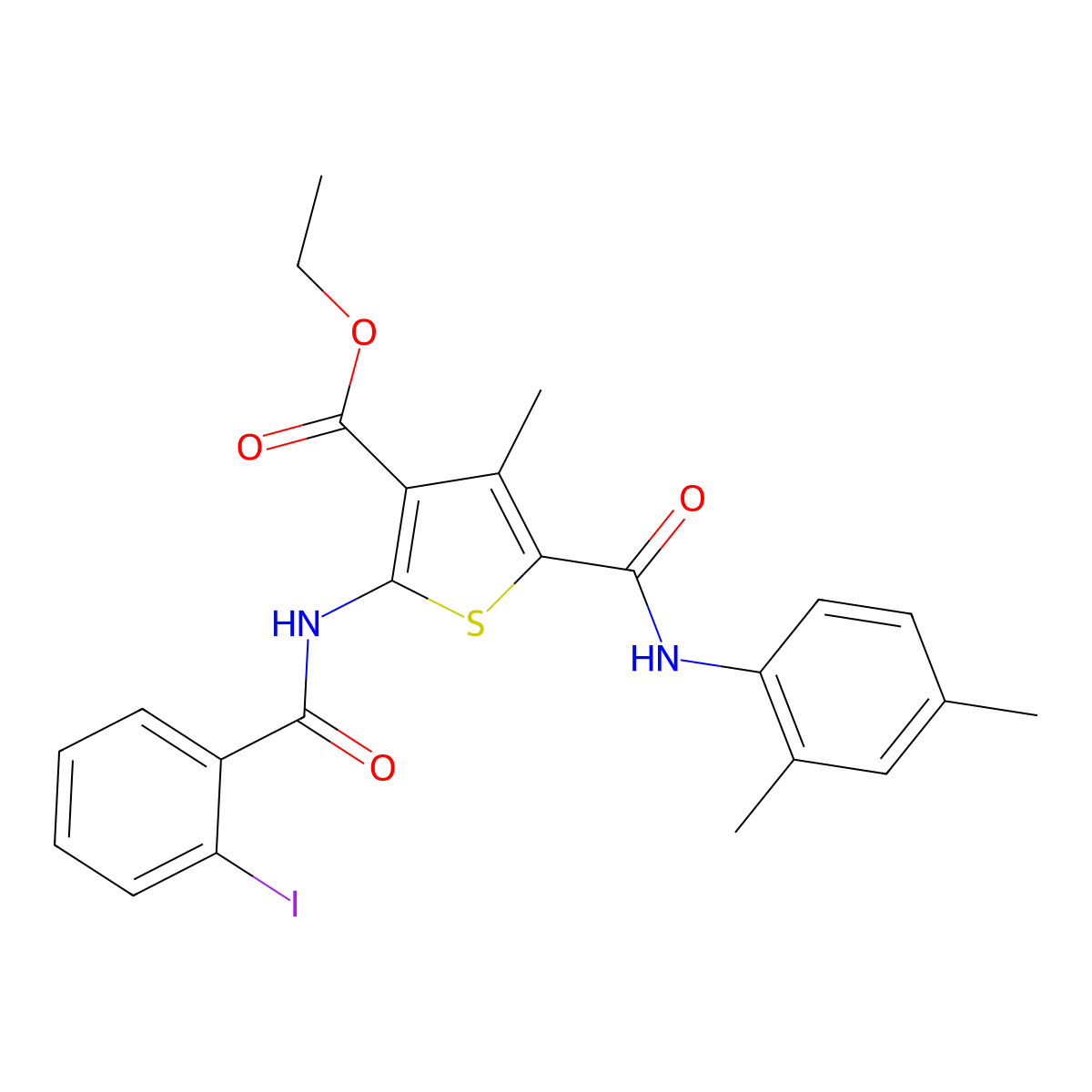 Ethyl 5-[(2,4-dimethylanilino)carbonyl]-2-[(2-iodobenzoyl)amino]-4-methyl-3-thiophenecarboxylate molecular structure, CAS 515123-08-7