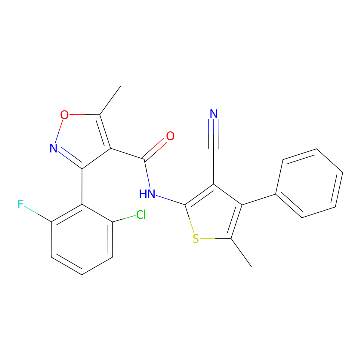 3-(2-chloro-6-fluorophenyl)-N-(3-cyano-5-methyl-4-phenylthiophen-2-yl)-5-methyl-1,2-oxazole-4-carboxamide molecular structure, CAS 515123-31-6