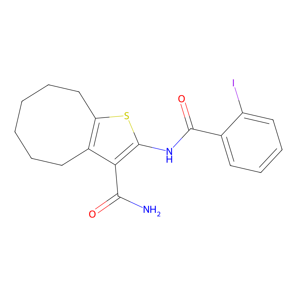 2-[(2-Iodobenzoyl)amino]-4,5,6,7,8,9-hexahydrocycloocta[b]thiophene-3-carboxamide molecular structure, CAS 515123-45-2