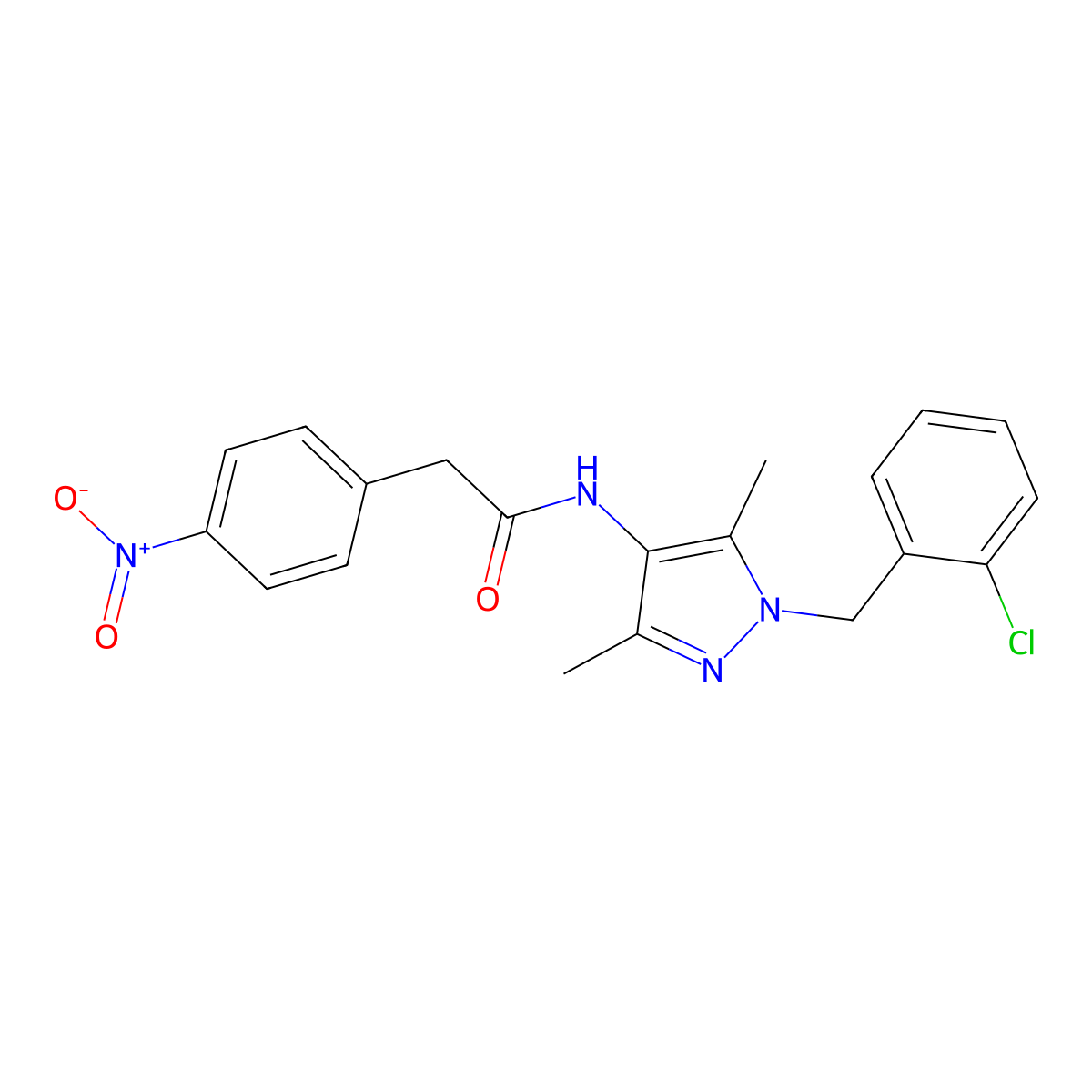 N-[1-[(2-chlorophenyl)methyl]-3,5-dimethylpyrazol-4-yl]-2-(4-nitrophenyl)acetamide molecular structure, CAS 515123-56-5