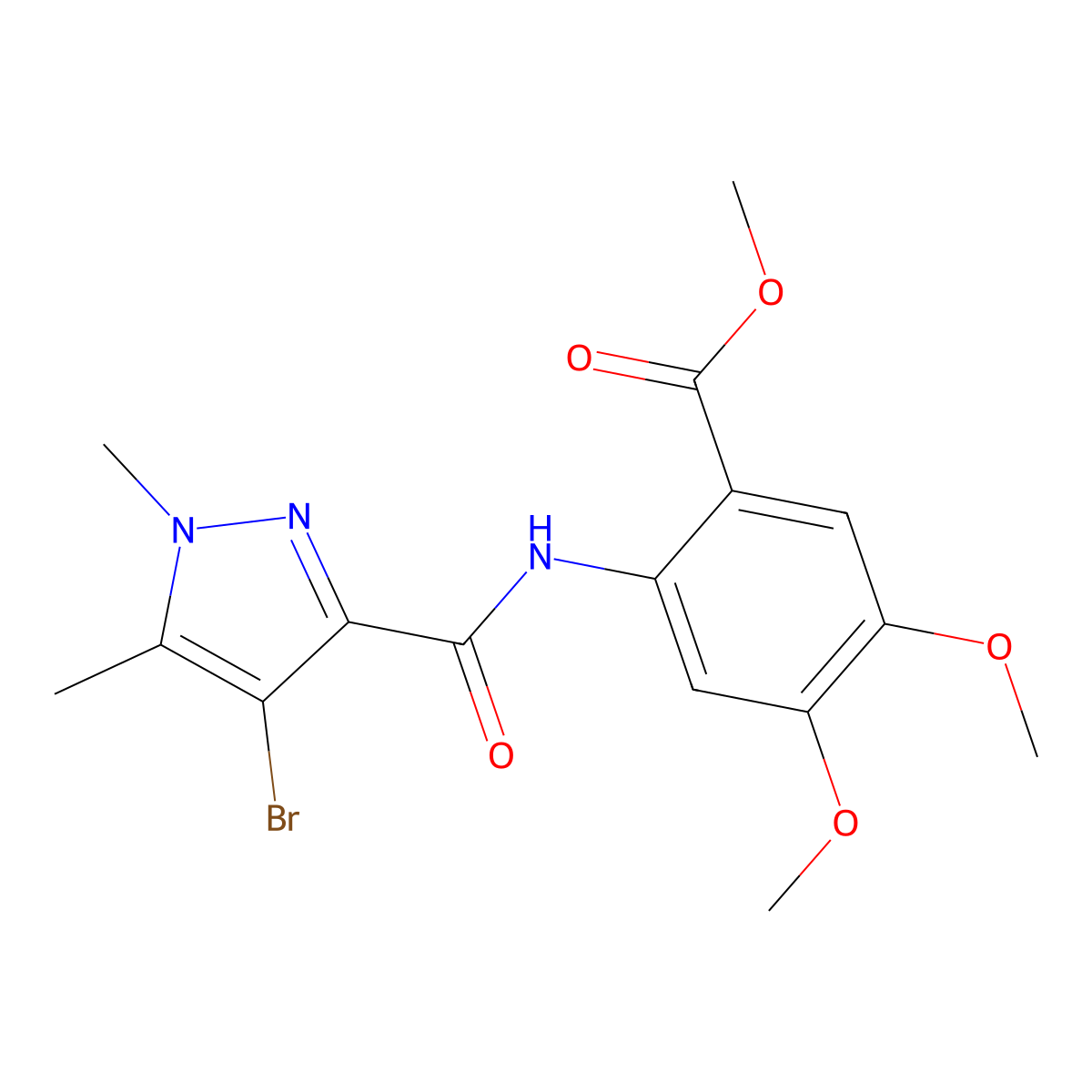 methyl 2-{[(4-bromo-1,5-dimethyl-1H-pyrazol-3-yl)carbonyl]amino}-4,5-dimethoxybenzoate molecular structure, CAS 515123-58-7