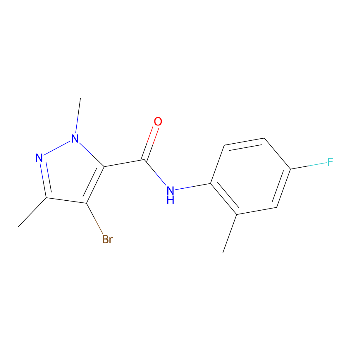 4-bromo-N-(4-fluoro-2-methylphenyl)-2,5-dimethylpyrazole-3-carboxamide molecular structure, CAS 515149-23-2