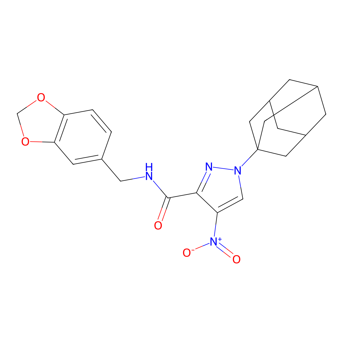 1-(1-adamantyl)-N-(1,3-benzodioxol-5-ylmethyl)-4-nitropyrazole-3-carboxamide molecular structure, CAS 515149-24-3