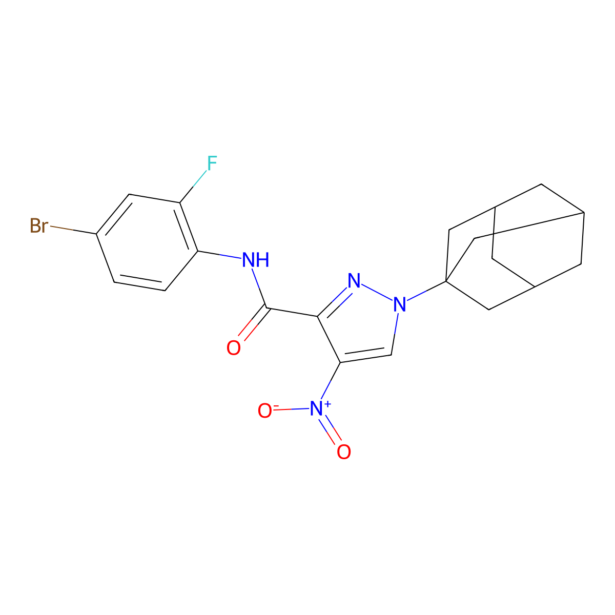 1-(1-adamantyl)-N-(4-bromo-2-fluorophenyl)-4-nitropyrazole-3-carboxamide molecular structure, CAS 515149-31-2