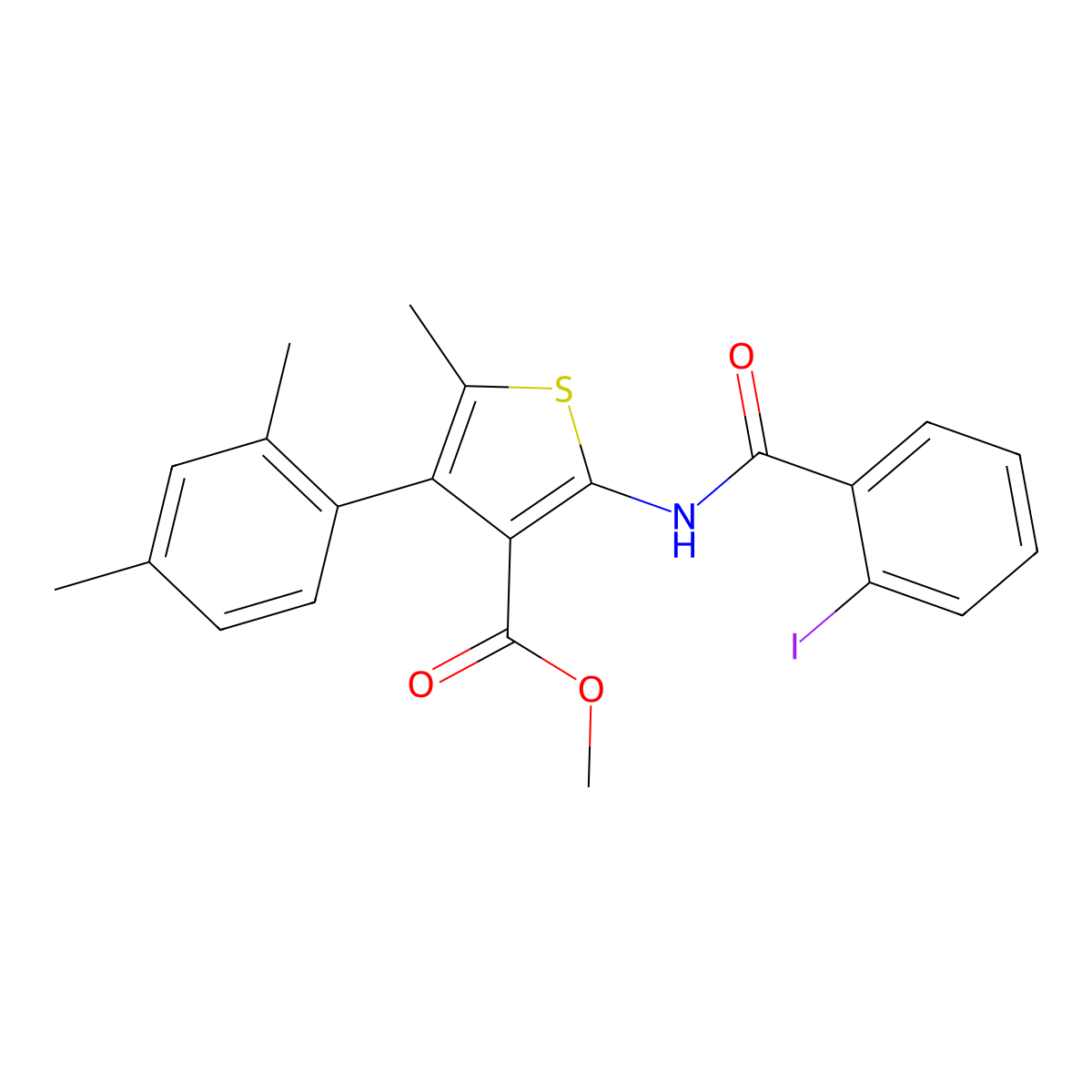 Methyl 4-(2,4-dimethylphenyl)-2-[(2-iodobenzoyl)amino]-5-methyl-3-thiophenecarboxylate molecular structure, CAS 515149-51-6