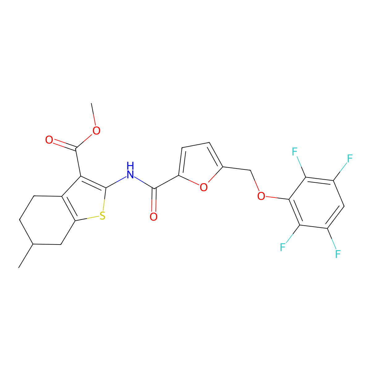 Methyl 6-methyl-2-({5-[(2,3,5,6-tetrafluorophenoxy)methyl]-2-furoyl}amino)-4,5,6,7-tetrahydro-1-benzothiophene-3-carboxylate molecular structure, CAS 515149-68-5
