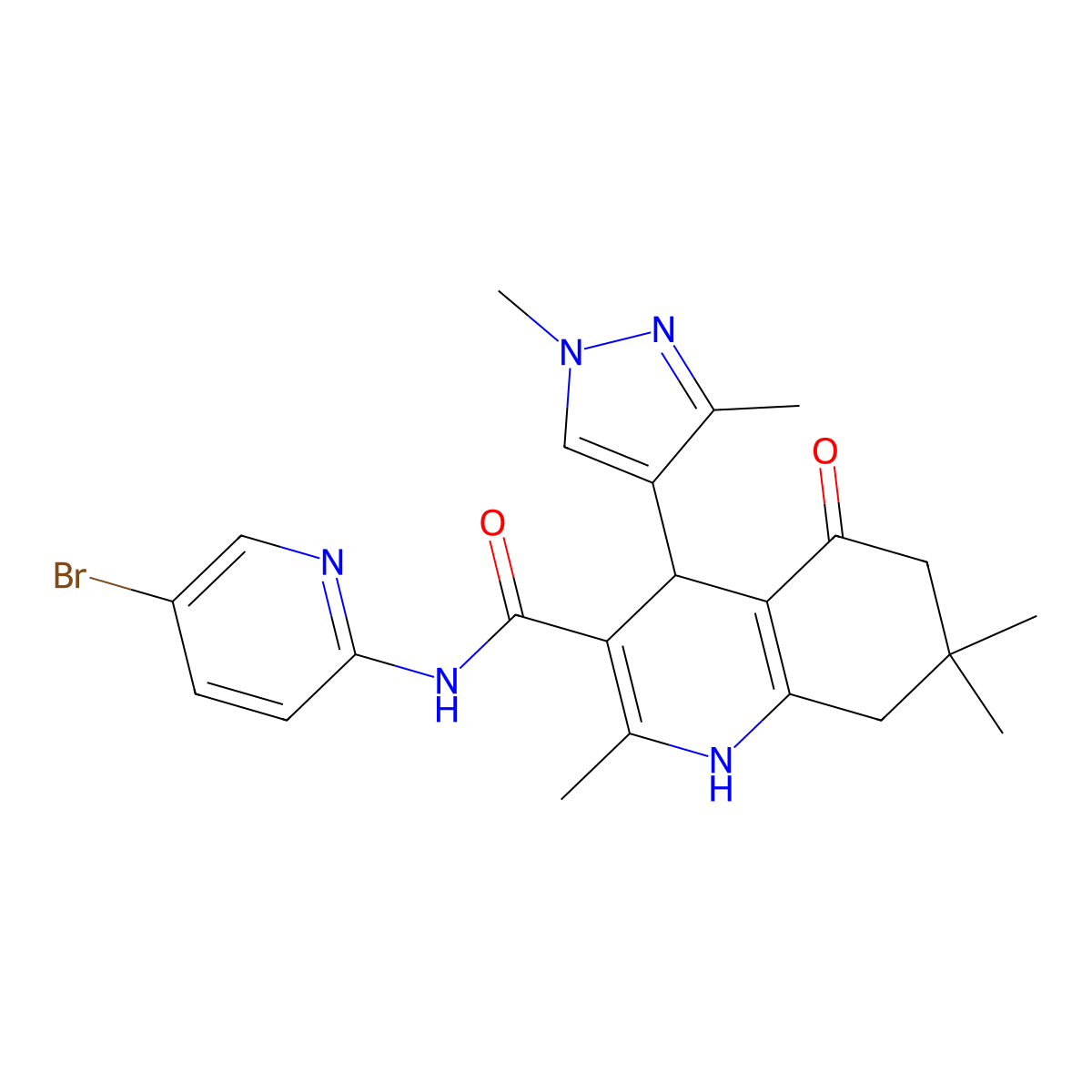 N-(5-bromo-2-pyridinyl)-4-(1,3-dimethyl-1H-pyrazol-4-yl)-2,7,7-trimethyl-5-oxo-1,4,5,6,7,8-hexahydro-3-quinolinecarboxamide molecular structure, CAS 515149-69-6