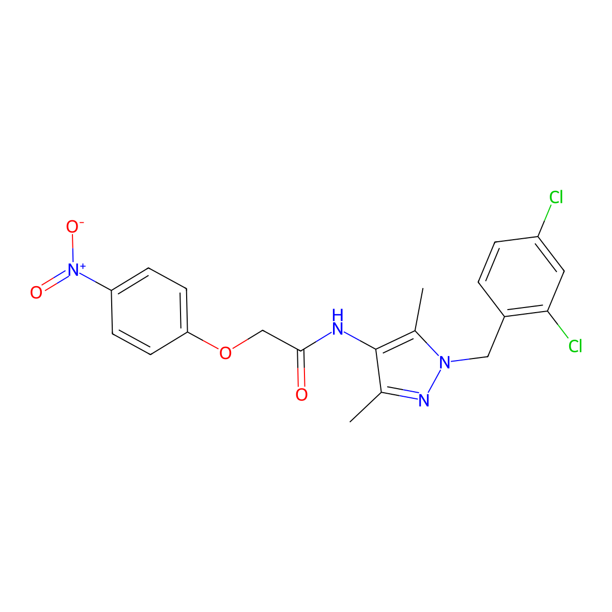 N-[1-[(2,4-dichlorophenyl)methyl]-3,5-dimethylpyrazol-4-yl]-2-(4-nitrophenoxy)acetamide molecular structure, CAS 515149-86-7
