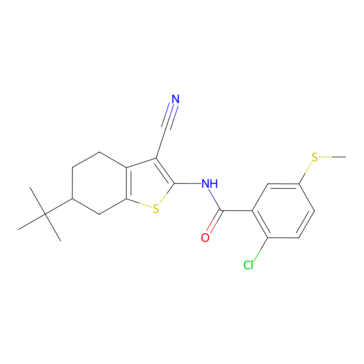 N-(6-tert-butyl-3-cyano-4,5,6,7-tetrahydro-1-benzothiophen-2-yl)-2-chloro-5-methylsulfanylbenzamide molecular structure, CAS 515150-15-9