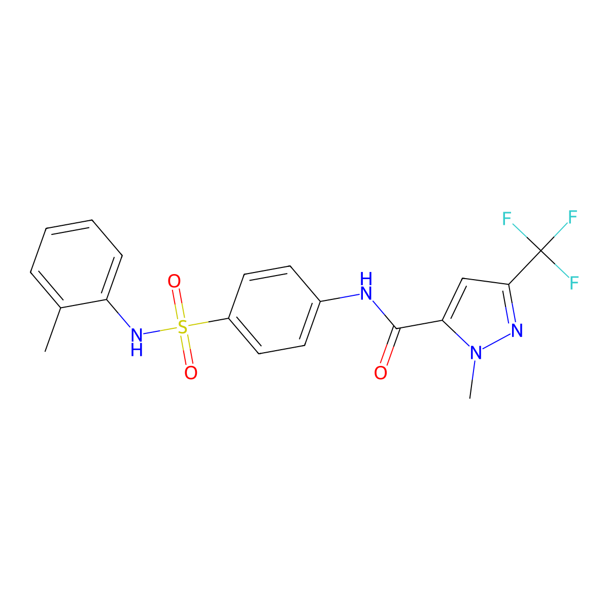 2-methyl-N-[4-[(2-methylphenyl)sulfamoyl]phenyl]-5-(trifluoromethyl)pyrazole-3-carboxamide molecular structure, CAS 515150-18-2