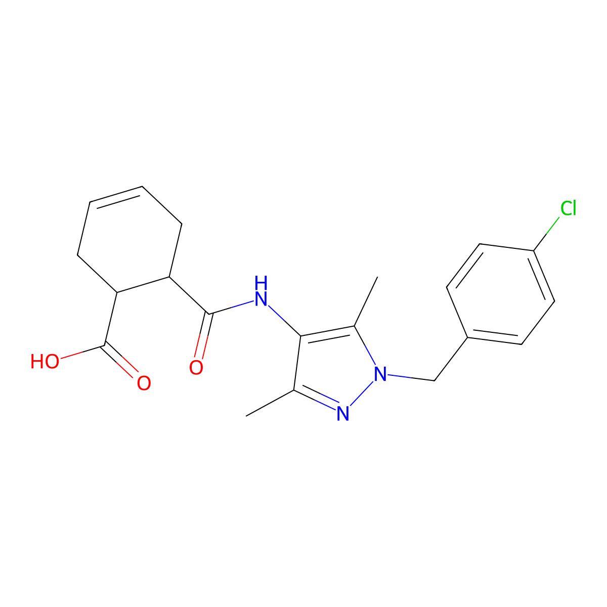 6-[[1-[(4-Chlorophenyl)methyl]-3,5-dimethylpyrazol-4-yl]carbamoyl]cyclohex-3-ene-1-carboxylic acid molecular structure, CAS 515150-22-8