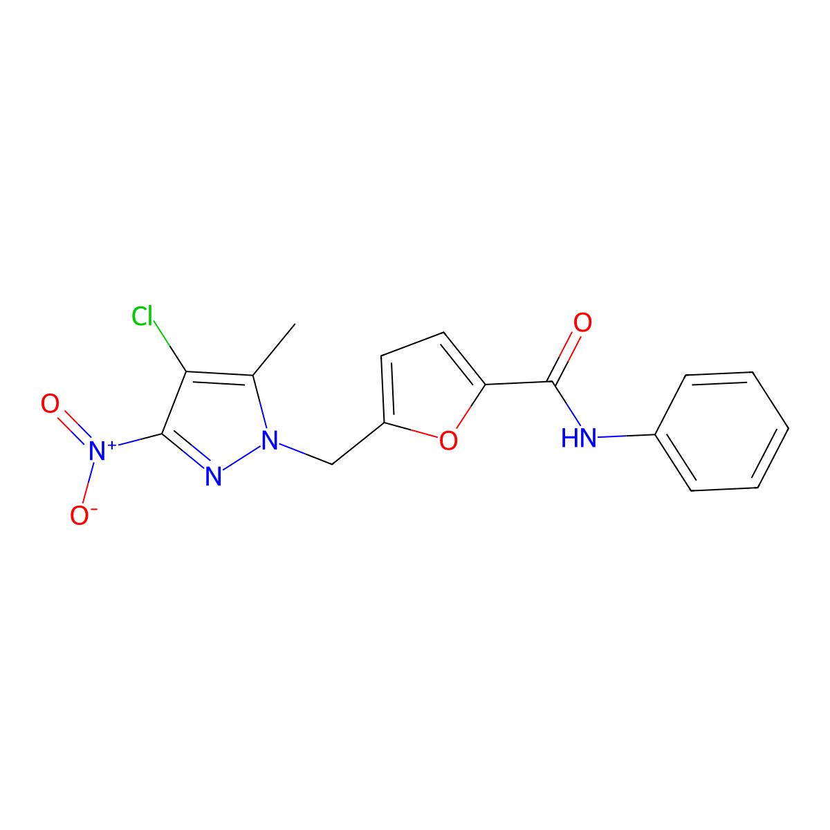 5-[(4-chloro-5-methyl-3-nitropyrazol-1-yl)methyl]-N-phenylfuran-2-carboxamide molecular structure, CAS 515150-34-2