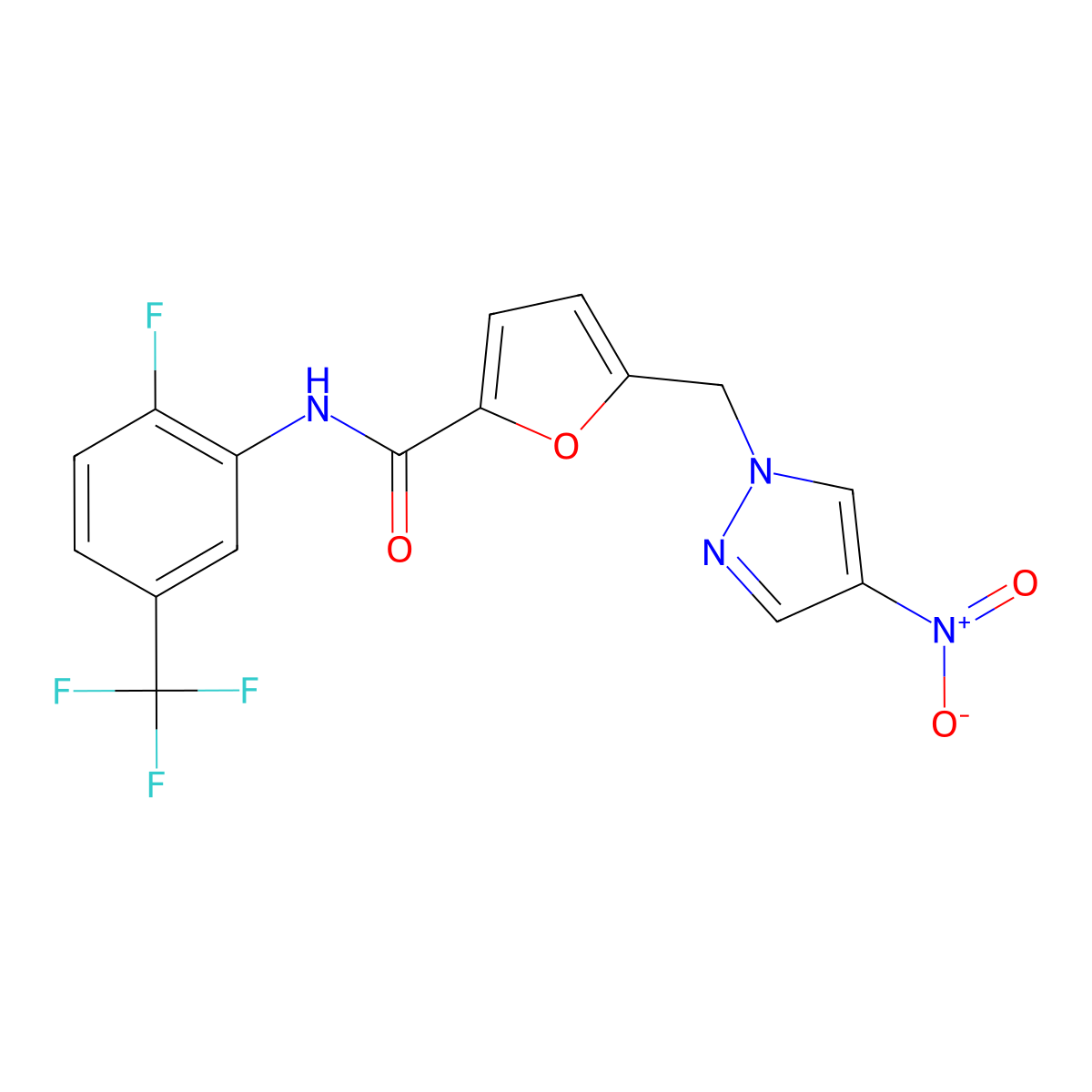 N-[2-fluoro-5-(trifluoromethyl)phenyl]-5-[(4-nitropyrazol-1-yl)methyl]furan-2-carboxamide molecular structure, CAS 515150-66-0