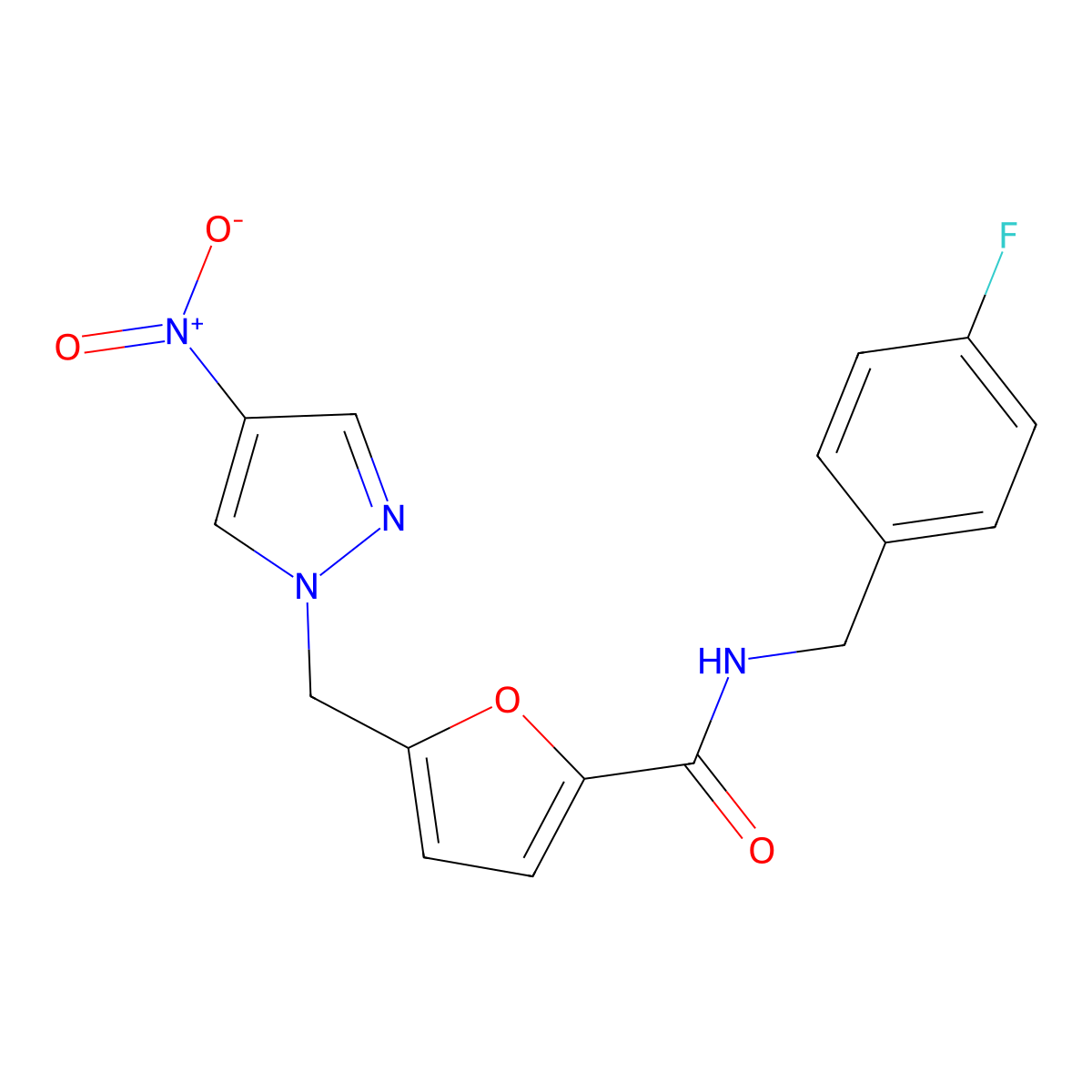 N-[(4-fluorophenyl)methyl]-5-[(4-nitropyrazol-1-yl)methyl]furan-2-carboxamide molecular structure, CAS 515150-75-1