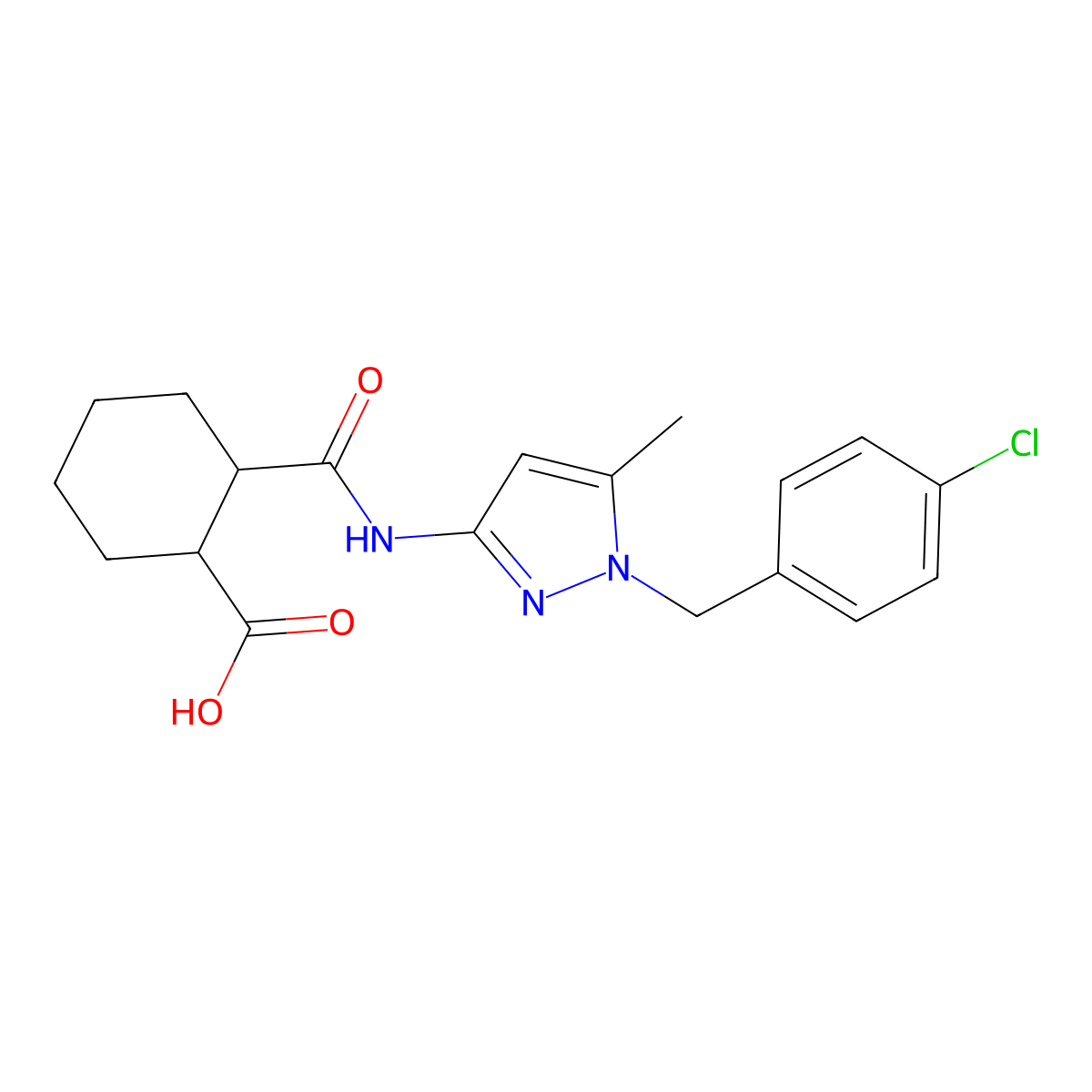 cyclohexanecarboxylic acid, 2-[[[1-[(4-chlorophenyl)methyl]-5-methyl-1H-pyrazol-3-yl]amino]carbonyl]- molecular structure, CAS 515150-77-3