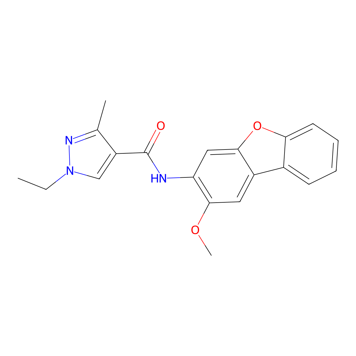 1-ethyl-N-(2-methoxydibenzo[b,d]furan-3-yl)-3-methyl-1H-pyrazole-4-carboxamide molecular structure, CAS 515151-17-4
