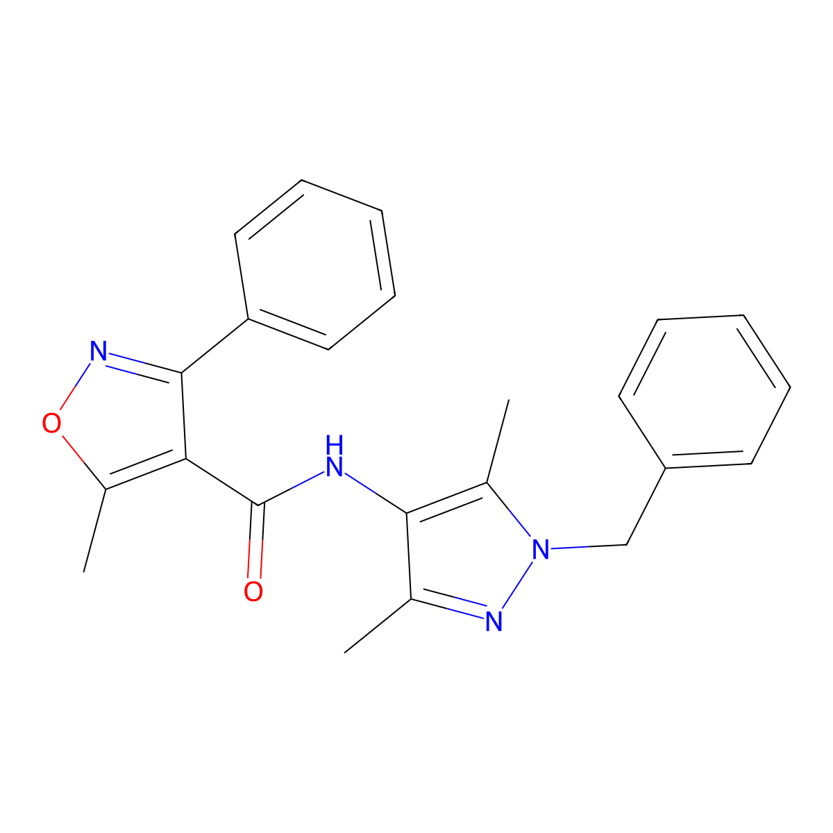 N-(1-benzyl-3,5-dimethylpyrazol-4-yl)-5-methyl-3-phenyl-1,2-oxazole-4-carboxamide molecular structure, CAS 515151-23-2