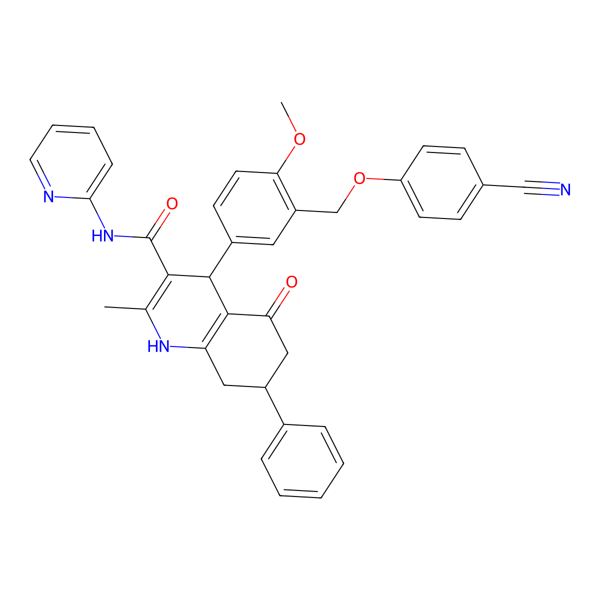 4-[3-[(4-cyanophenoxy)methyl]-4-methoxyphenyl]-2-methyl-5-oxo-7-phenyl-N-pyridin-2-yl-4,6,7,8-tetrahydro-1H-quinoline-3-carboxamide molecular structure, CAS 515151-35-6