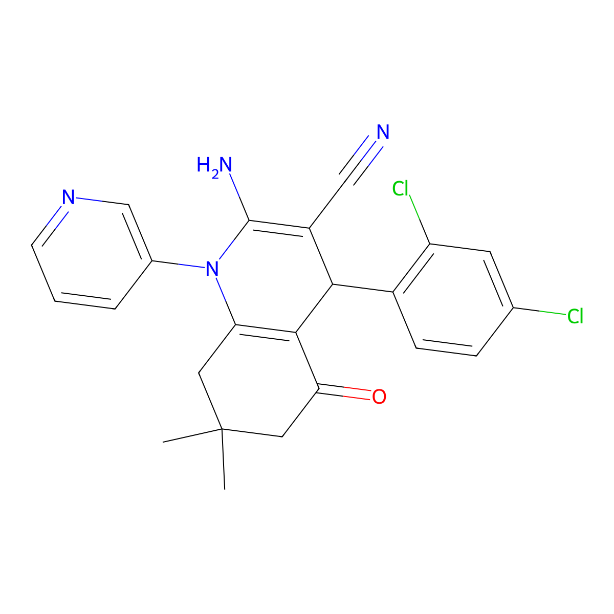 2-amino-4-(2,4-dichlorophenyl)-7,7-dimethyl-5-oxo-1-pyridin-3-yl-6,8-dihydro-4H-quinoline-3-carbonitrile molecular structure, CAS 515151-64-1