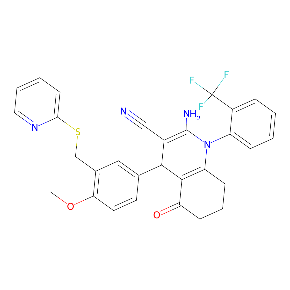2-Amino-4-[4-methoxy-3-(pyridin-2-ylsulfanylmethyl)phenyl]-5-oxo-1-[2-(trifluoromethyl)phenyl]-4,6,7,8-tetrahydroquinoline-3-carbonitrile molecular structure, CAS 515151-68-5
