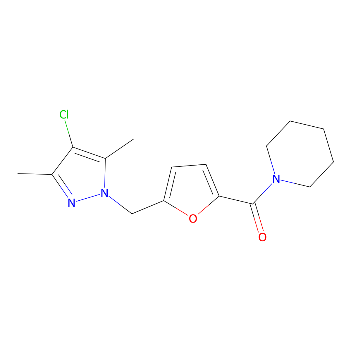 [5-[(4-Chloro-3,5-dimethylpyrazol-1-yl)methyl]furan-2-yl]-piperidin-1-ylmethanone molecular structure, CAS 515174-87-5