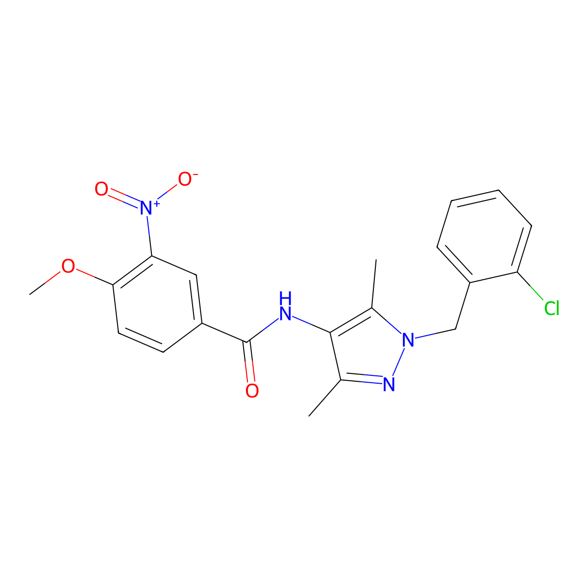 N-[1-[(2-chlorophenyl)methyl]-3,5-dimethylpyrazol-4-yl]-4-methoxy-3-nitrobenzamide molecular structure, CAS 515175-31-2