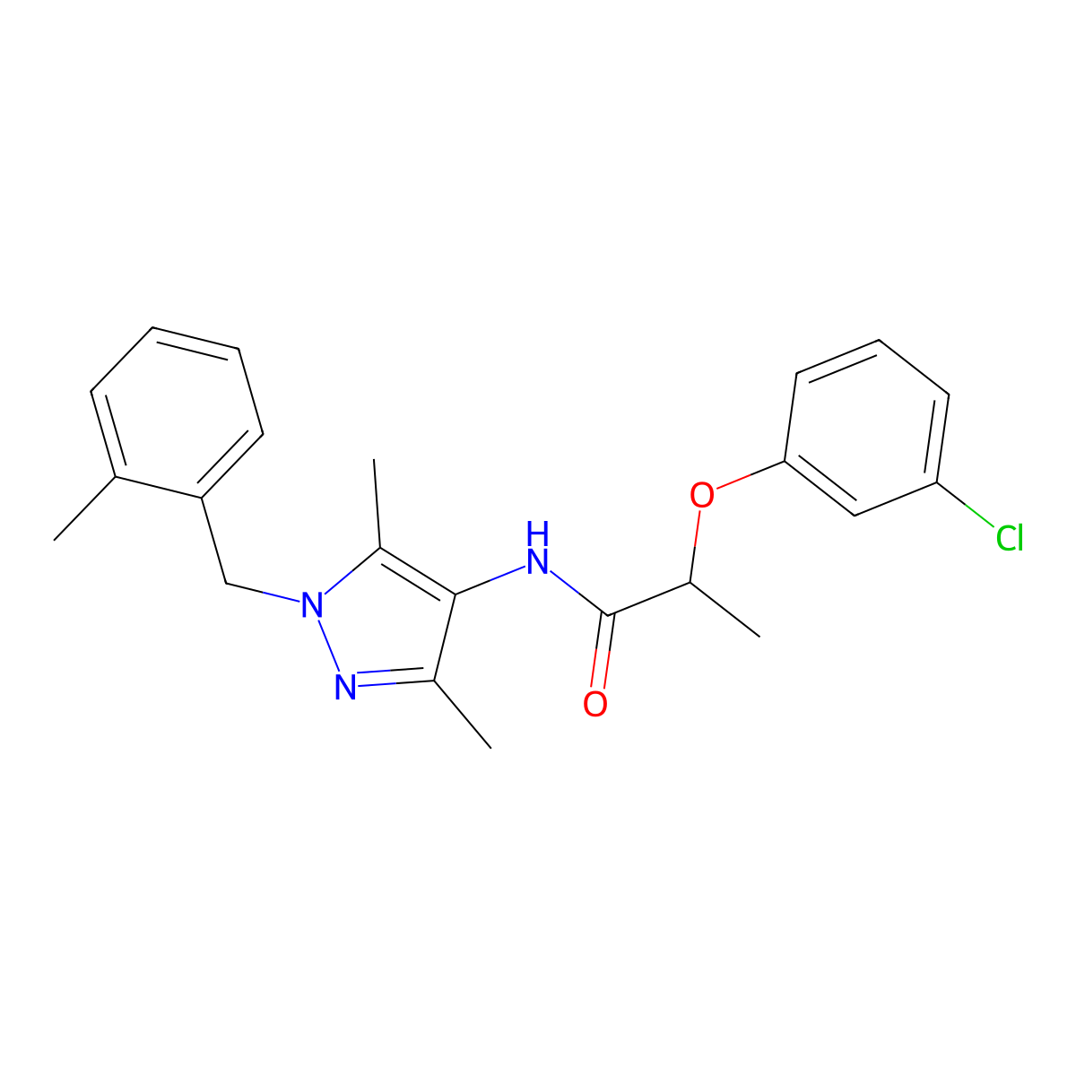 2-(3-chlorophenoxy)-N-[3,5-dimethyl-1-[(2-methylphenyl)methyl]pyrazol-4-yl]propanamide molecular structure, CAS 515175-62-9