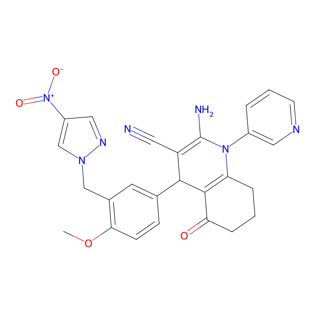 2-Amino-4-[4-methoxy-3-[(4-nitropyrazol-1-yl)methyl]phenyl]-5-oxo-1-pyridin-3-yl-4,6,7,8-tetrahydroquinoline-3-carbonitrile molecular structure, CAS 515175-77-6